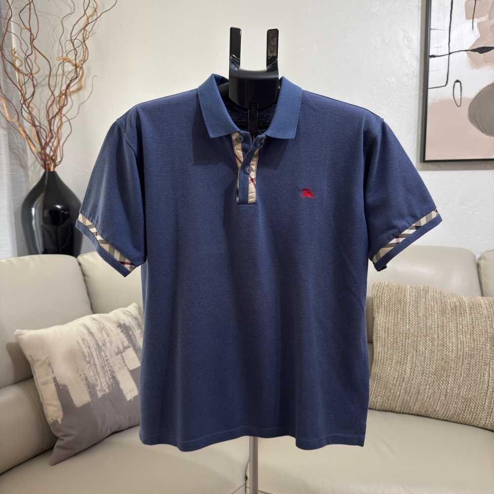 Burberry Navy Polo Shirt with Check Trim